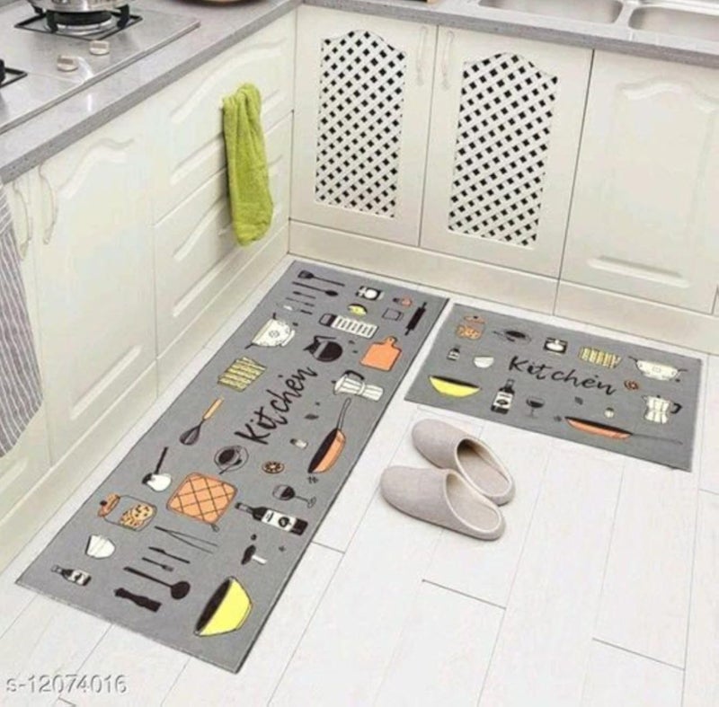 Generic Themed Anti-Slip Floor Mat Set, 2-Piece Digital Printed Velvet Rug, Grey with Cooking Utensils Pattern, 60x150cm and 60x75cm, Machine Washable