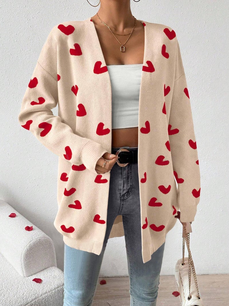 SECRETEYARD Womens Cute Heart Cardigans Oversized Long Sleeve Open Front Knit Sweaters Beige - Image 2