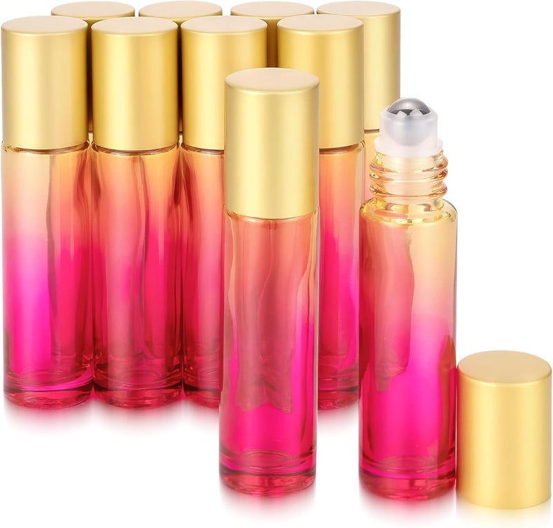 JIUWU 10 Pack 10 mL Essential Oil Glass Roller Bottle,Empty Refillable Yellow-rose Red Gradient Glass Roller Bottle for Perfume,Cuticle