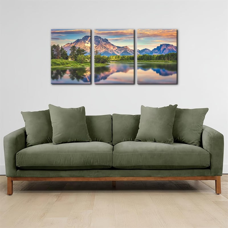 Pacimo Nature Canvas Wall Art Sunset Sunrise Mountain Pictures Grand Teton National Park Canvas Print River Forest Landscape Artwork for Living Room Bedroom Home Office Wall Decoration - 12"x16"x3 - Image 2