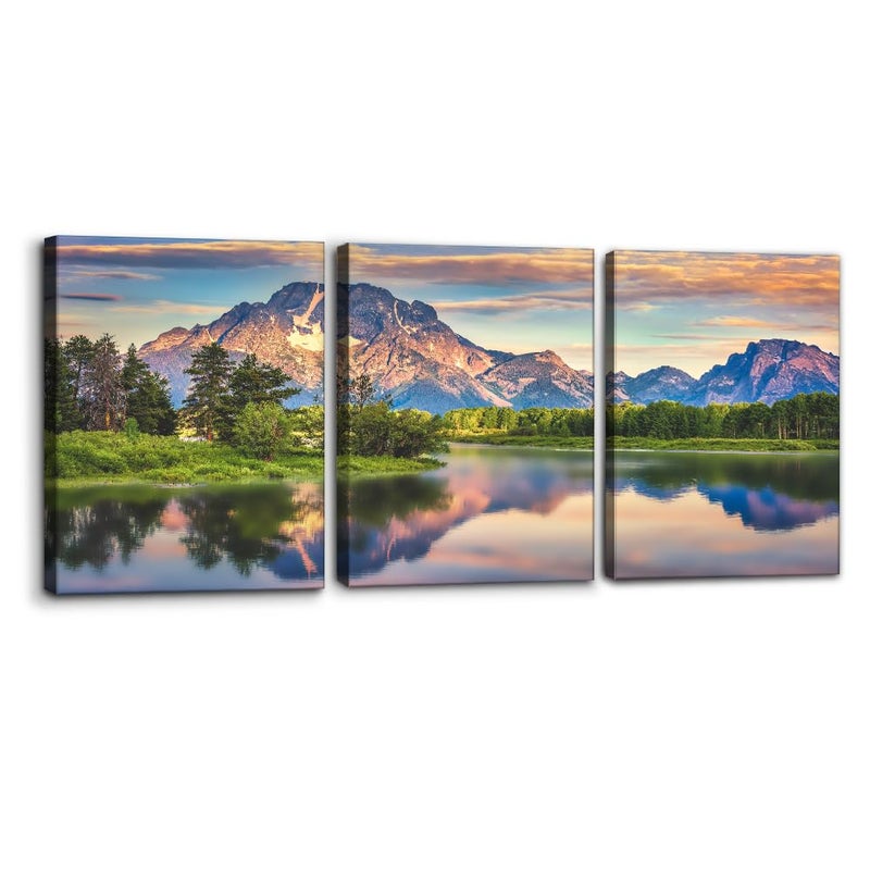 Pacimo Nature Canvas Wall Art Sunset Sunrise Mountain Pictures Grand Teton National Park Canvas Print River Forest Landscape Artwork for Living Room Bedroom Home Office Wall Decoration - 12"x16"x3 - Image 1
