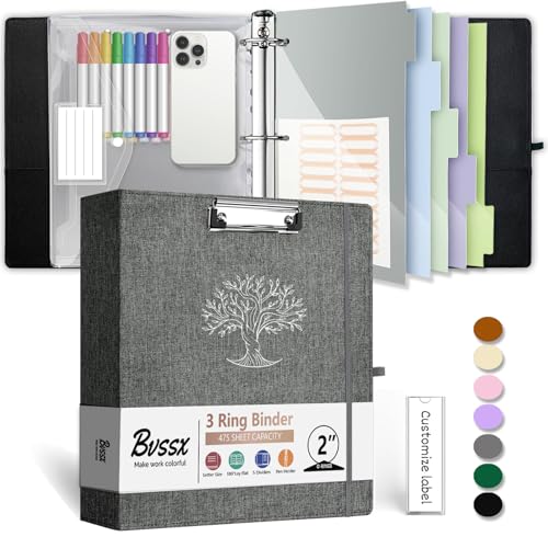 BVSSX 3 Ring Binder, 2 Inch Three Ring Linen Leather Binders Organizer with Clipboard for Letter Size Paper, Transparent Folder, 5 Tab Dividers, File Folder Labels, Pen Loop, Elastic Strap (Dark Grey) - Image 1