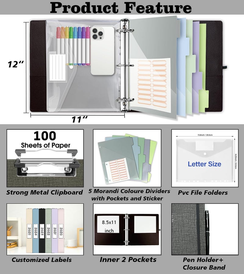 BVSSX 3 Ring Binder, 2 Inch Three Ring Linen Leather Binders Organizer with Clipboard for Letter Size Paper, Transparent Folder, 5 Tab Dividers, File Folder Labels, Pen Loop, Elastic Strap (Dark Grey) - Image 2