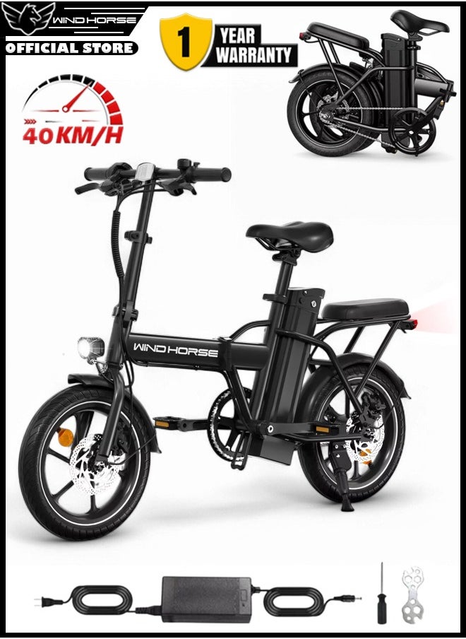 Wind Horse Folding Electric Bike with 350W High Speed Motor, 36V 8AH Battery, 40 KM/H Speed, 35 KM Range, Dual Disk Brakes, Carbon Alloy Frame and 16 Inches Tires, Portable Electric Bike with Dual Seat  - Image 1