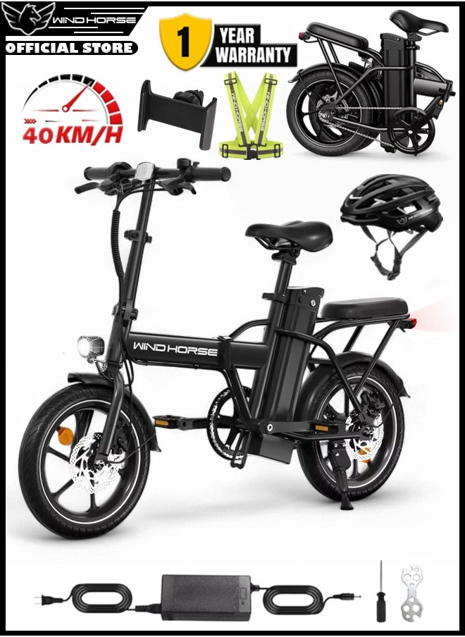 Wind Horse Folding Electric Bike with 350W High Speed Motor, 36V 8AH Battery, 40 KM/H Speed, 35 KM Range, Dual Disk Brakes, Carbon Alloy Frame and 16-Inch Tires, Portable Electric Bike with Dual Seat, Helmet and Safety Vest  - Image 1