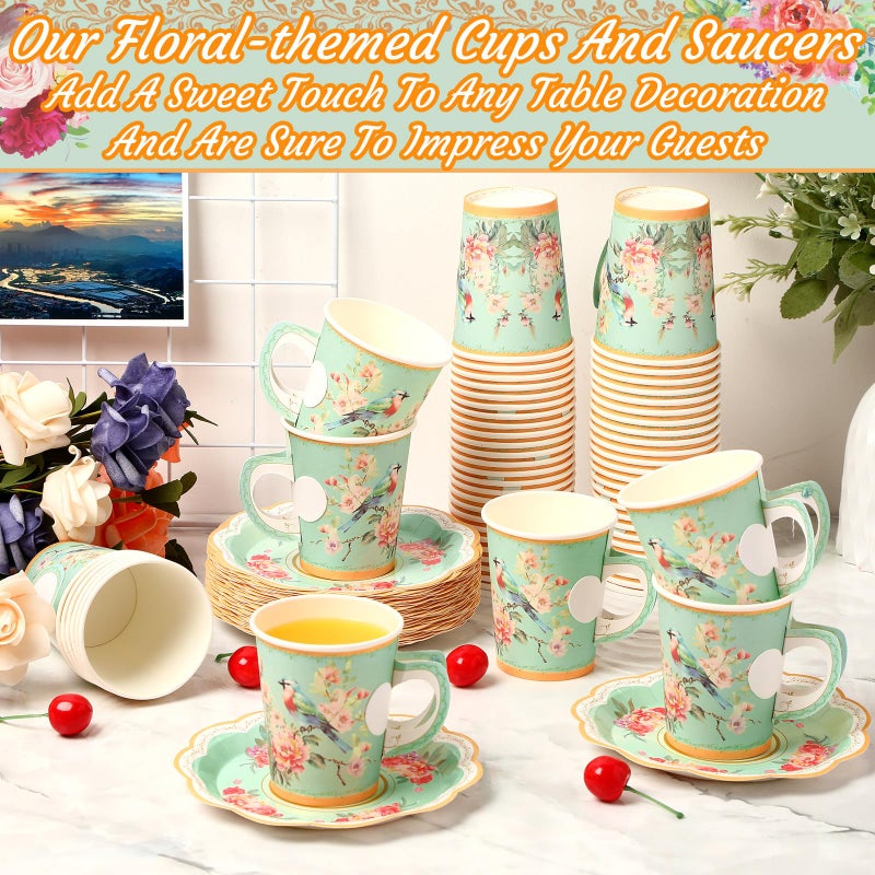 Mifoci 200 Pcs Floral Tea Party Supplies 100 Paper Tea Cups 100 Floral Paper Plates 9 oz Disposable Flower Cups with Handle for Hot Cold Drink Garden Bridal Wedding Birthday(Exquisite) - Image 4