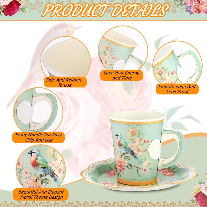 Mifoci 200 Pcs Floral Tea Party Supplies 100 Paper Tea Cups 100 Floral Paper Plates 9 oz Disposable Flower Cups with Handle for Hot Cold Drink Garden Bridal Wedding Birthday(Exquisite) - Image 2