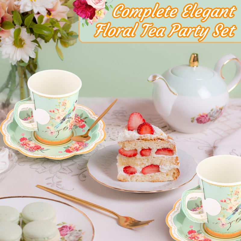 Mifoci 200 Pcs Floral Tea Party Supplies 100 Paper Tea Cups 100 Floral Paper Plates 9 oz Disposable Flower Cups with Handle for Hot Cold Drink Garden Bridal Wedding Birthday(Exquisite) - Image 3
