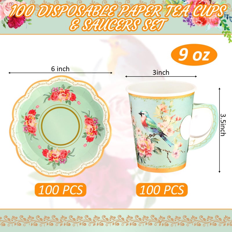 Mifoci 200 Pcs Floral Tea Party Supplies 100 Paper Tea Cups 100 Floral Paper Plates 9 oz Disposable Flower Cups with Handle for Hot Cold Drink Garden Bridal Wedding Birthday(Exquisite) - Image 1