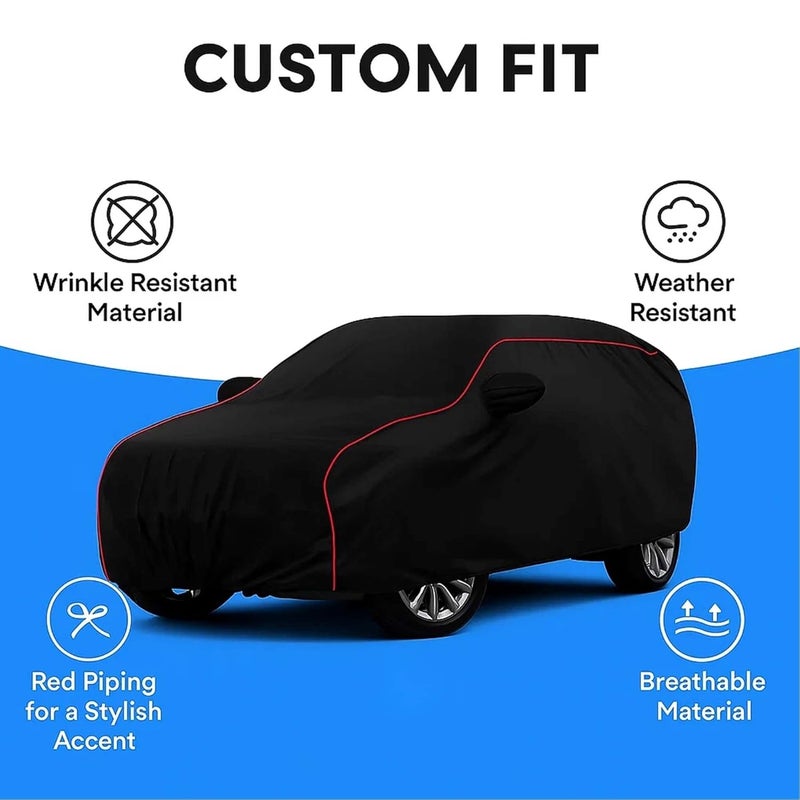 sulfar 100% Water Resistant Car Body Cover Compatible with Mirror for Tata Nexon (Triple Stitched, Full Bottom Elastic, Black with Red Piping) - Image 3