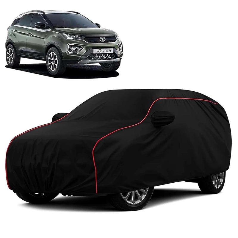 sulfar 100% Water Resistant Car Body Cover Compatible with Mirror for Tata Nexon (Triple Stitched, Full Bottom Elastic, Black with Red Piping) - Image 1