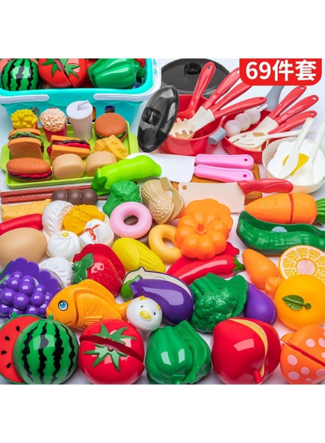Pretend Play Kitchen Accessories for Kids, 77Pcs Cutting Fruits Vegetables Hamburger Toy Kitchen Accessories with Baskets for Toddlers 3 Years Old - Image 1