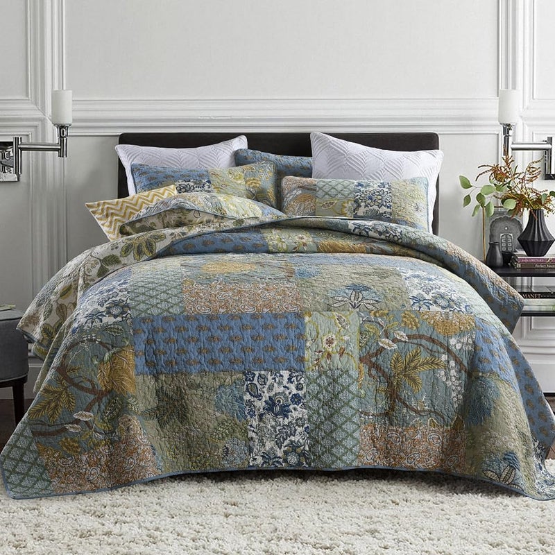 ENASAL Cotton Bedspread Quilt Sets Reversible Bedding Coverlet Sets Comforter, Patchwork Vintage Floral Paisley Farmhouse Pastoral Turquoise Bedspread, Queen Size - Image 1