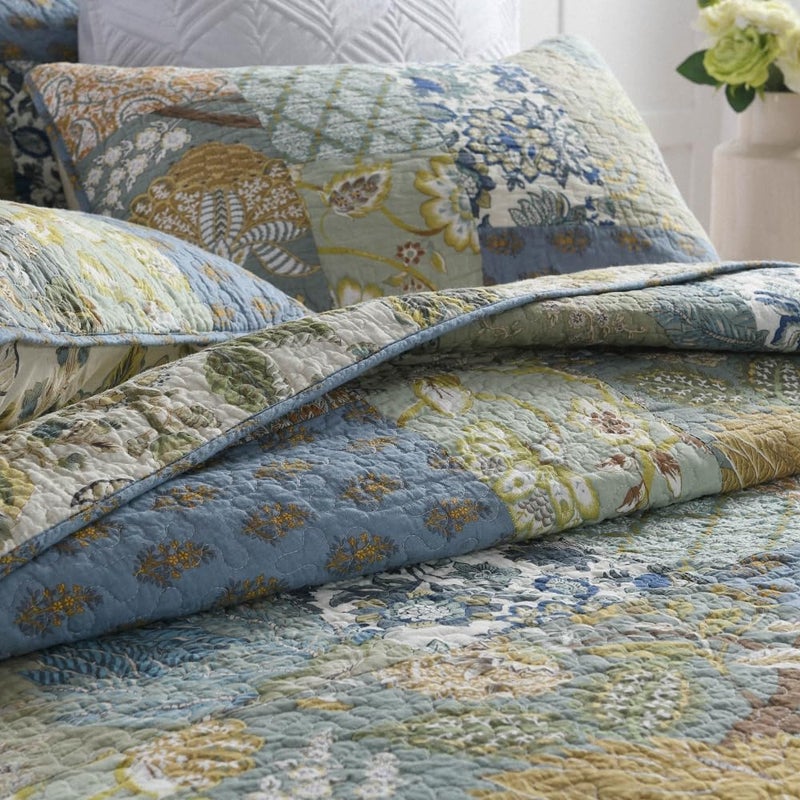 ENASAL Cotton Bedspread Quilt Sets Reversible Bedding Coverlet Sets Comforter, Patchwork Vintage Floral Paisley Farmhouse Pastoral Turquoise Bedspread, Queen Size - Image 4