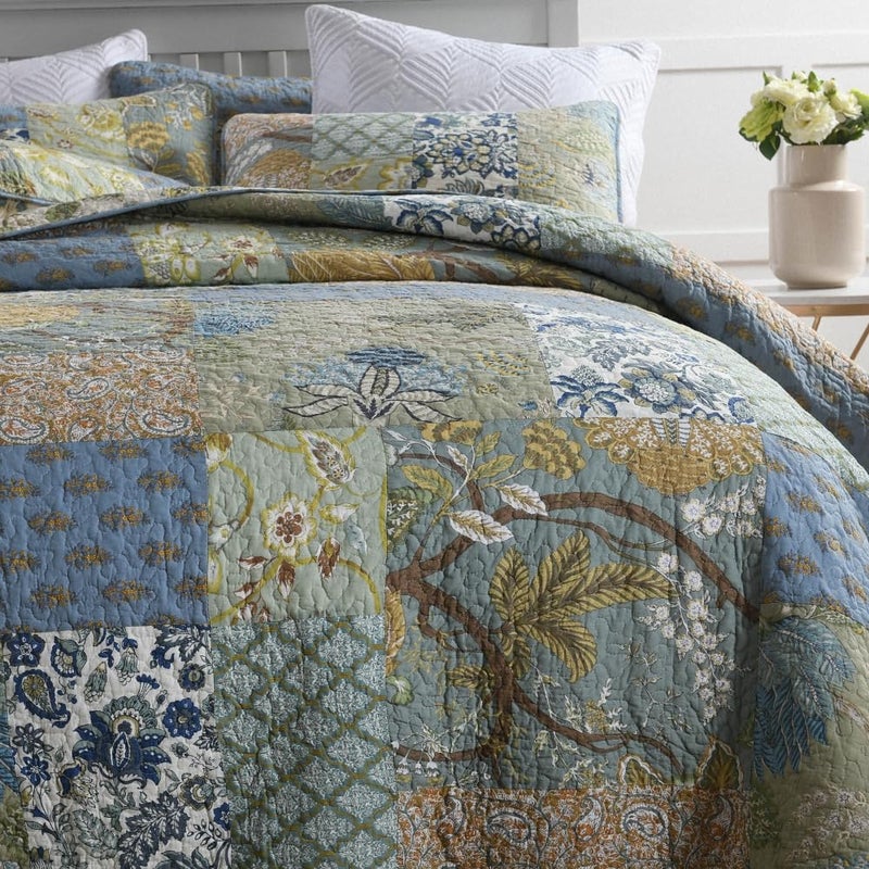 ENASAL Cotton Bedspread Quilt Sets Reversible Bedding Coverlet Sets Comforter, Patchwork Vintage Floral Paisley Farmhouse Pastoral Turquoise Bedspread, Queen Size - Image 3