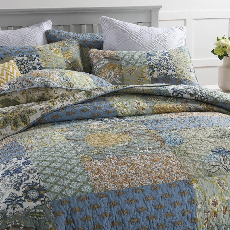 ENASAL Cotton Bedspread Quilt Sets Reversible Bedding Coverlet Sets Comforter, Patchwork Vintage Floral Paisley Farmhouse Pastoral Turquoise Bedspread, Queen Size - Image 2