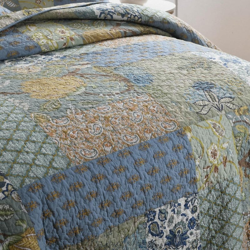 ENASAL Cotton Bedspread Quilt Sets Reversible Bedding Coverlet Sets Comforter, Patchwork Vintage Floral Paisley Farmhouse Pastoral Turquoise Bedspread, Queen Size - Image 5