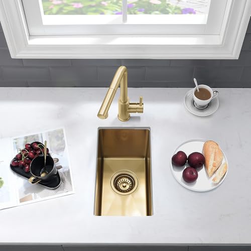 VASOYO Gold Bar Sink Undermount-VASOYO 10x18 Small Kitchen Sink Undermount Outdoor Rv Sinks 16 Gauge Gold Stainless Steel Single Bowl Deep Wet Bar Sinks with Accessories - Image 4