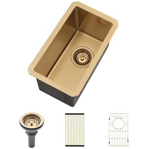 VASOYO Gold Bar Sink Undermount-VASOYO 10x18 Small Kitchen Sink Undermount Outdoor Rv Sinks 16 Gauge Gold Stainless Steel Single Bowl Deep Wet Bar Sinks with Accessories - Image 1