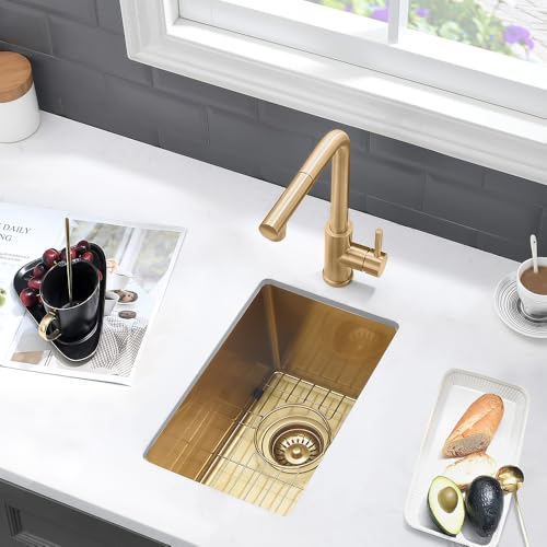 VASOYO Gold Bar Sink Undermount-VASOYO 10x18 Small Kitchen Sink Undermount Outdoor Rv Sinks 16 Gauge Gold Stainless Steel Single Bowl Deep Wet Bar Sinks with Accessories - Image 2
