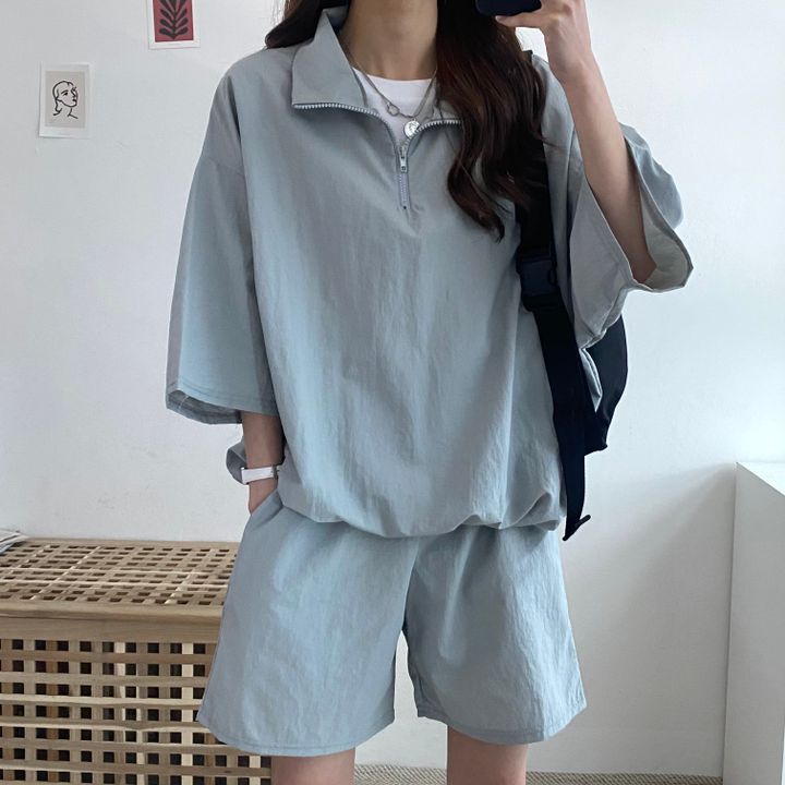 Womens Casual Chic Zip-Up Turtleneck Short Set 073 stone cyan (clothes + pants)