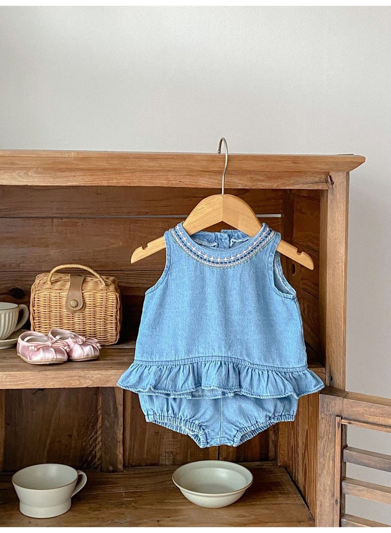 DOOKOO Summer Infant Girls Clothing Set Baby Hollow Embroidery Denim Top + Wrap Pants 2 Piece Set - Image 2