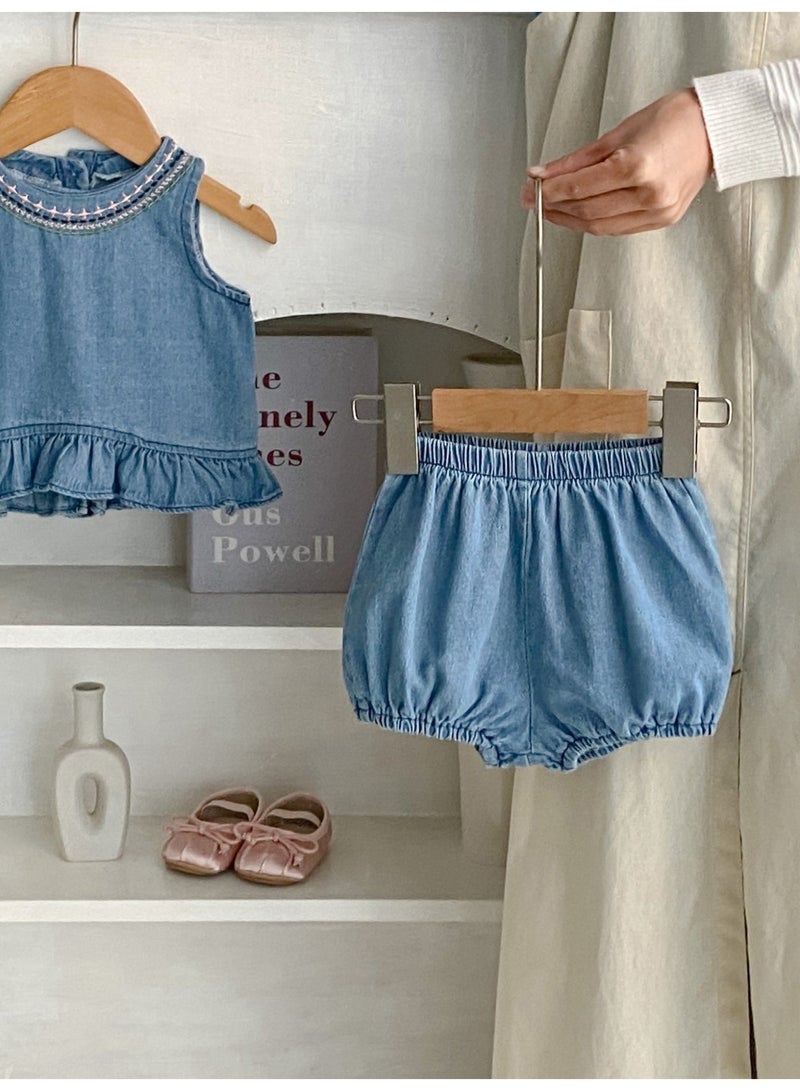 DOOKOO Summer Infant Girls Clothing Set Baby Hollow Embroidery Denim Top + Wrap Pants 2 Piece Set - Image 1