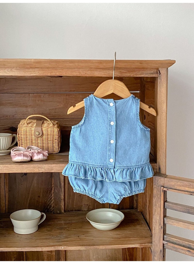 DOOKOO Summer Infant Girls Clothing Set Baby Hollow Embroidery Denim Top + Wrap Pants 2 Piece Set - Image 3