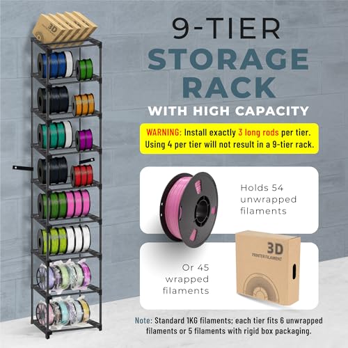 HoHpHq Upgraded 9-Tier 3D Printer Filament Spool Storage Rack, Thicker 3D Printing Filament Holder with Anti-Tip Kit/Large Storage Space, 3D Organizer Can Store Up to 54 Rolls, Gifts for 3d Printer Lovers - Image 4