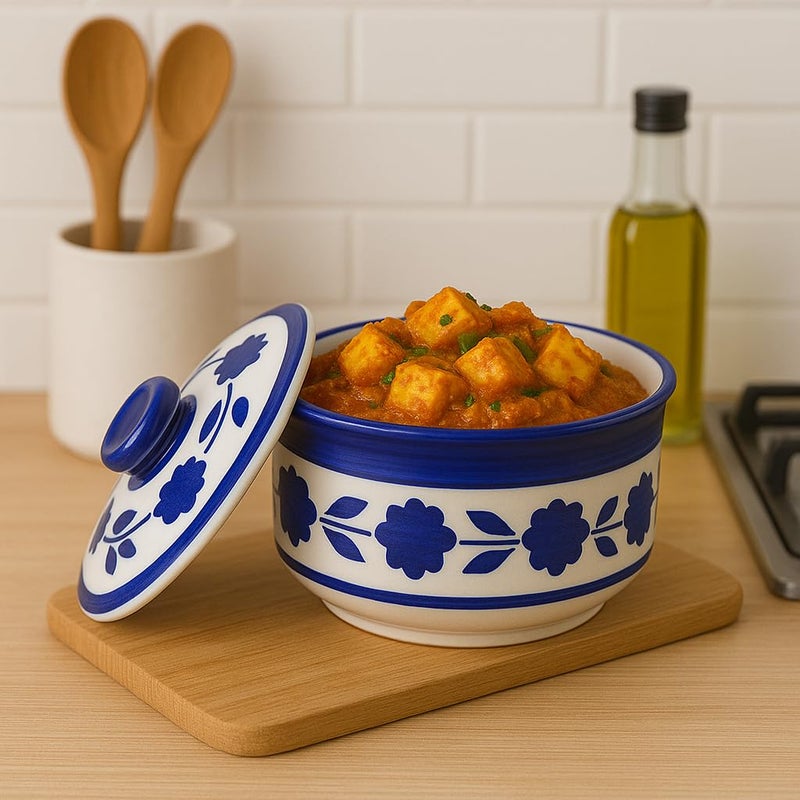 Kunhar دونغا سيراميك متعددة الاستخدامات من كونهاR - أزرق داكن | 450 مل دونغا تقديم مزودة بغطاء | آمنة للاستخدام في الميكروويف وغسالة الصحون | مثالية للصلصات، الدال، الكاري والمزيد - Image 4