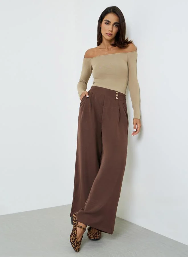 Take Two Elegant Brown Wide-Leg Pleated Trousers