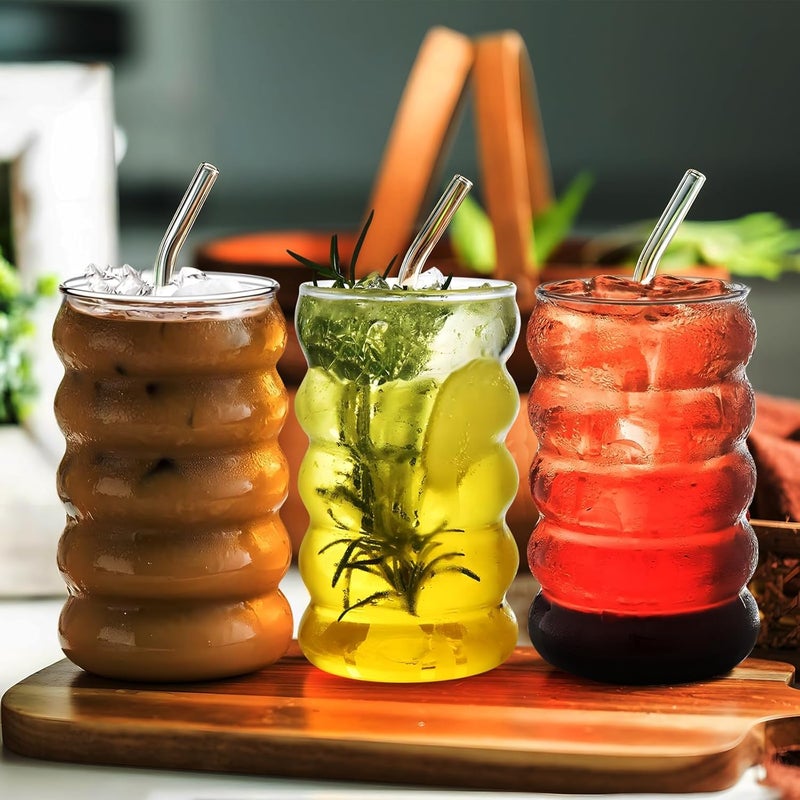 GipiBox Wave Shape Drinking Glasses Tumbler with Airtight Wooden Lid and Straw 500ml for Juice Cocktail Iced Tea Coffee Hot Cold Drink Cup Home Office TravelPack of 1 - Image 2