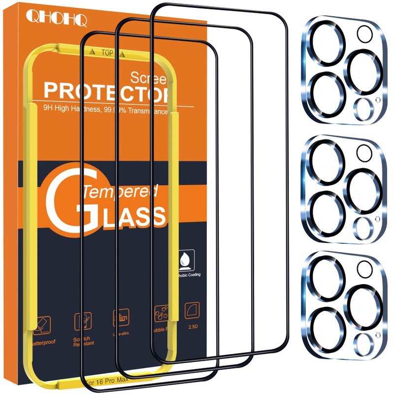 QHOHQ for iPhone 16 Pro Max Screen Protector with Camera Lens Protector Military Grade Shatterproof Top 9H Tempered Glass Full Edge Coverage Ultra Durable with Installation Tool 33 Pack - Image 2