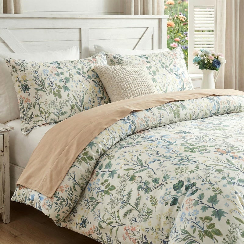 Cozaline Duvet Cover Queen Size 100% Cotton Comforter Cover Green Floral Breathable Duvet Cover with Zipper Closure & Corner Ties 3 Pcs Green Fragrant Grass Duvet Cover Set - Image 4