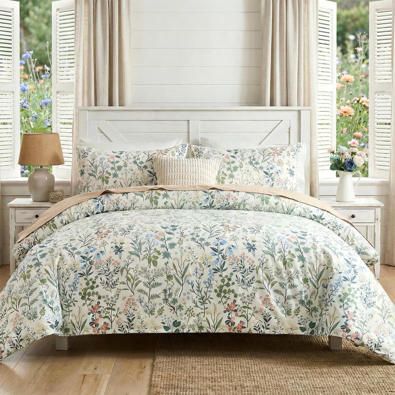 Cozaline Duvet Cover Queen Size 100% Cotton Comforter Cover Green Floral Breathable Duvet Cover with Zipper Closure & Corner Ties 3 Pcs Green Fragrant Grass Duvet Cover Set - Image 3