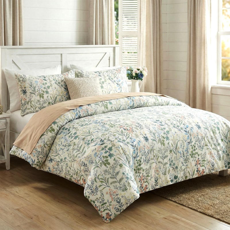Cozaline Duvet Cover Queen Size 100% Cotton Comforter Cover Green Floral Breathable Duvet Cover with Zipper Closure & Corner Ties 3 Pcs Green Fragrant Grass Duvet Cover Set - Image 2