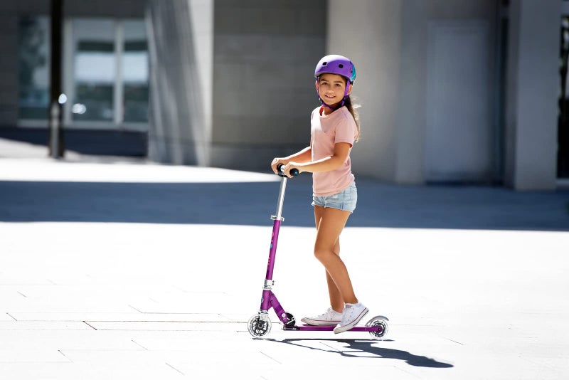 Micro Kickboard- Sprite LED - 2 Wheeled Kick Scooter Ages 6+, fold-to-Carry, Lightweight, Portable Scooter with Motion-Activated Light-up Wheels (Purple Stripe) - Image 3