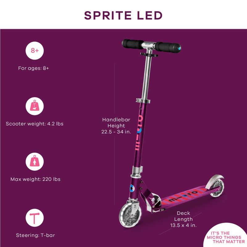 Micro Kickboard- Sprite LED - 2 Wheeled Kick Scooter Ages 6+, fold-to-Carry, Lightweight, Portable Scooter with Motion-Activated Light-up Wheels (Purple Stripe) - Image 4