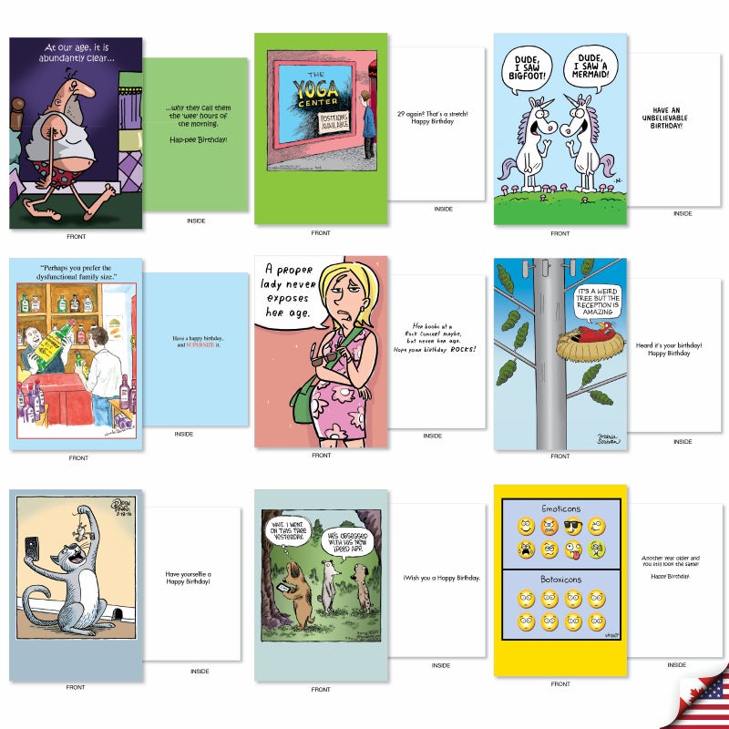 NobleWorks - 36 Assorted Funny Birthday Cards Bulk Box Set with Envelopes (36 Designs, 1 Each) Mixed Humor Greeting Card Variety Pack for Men and Women - Cartoon Party AC9374BDG-B1x36 - Image 5