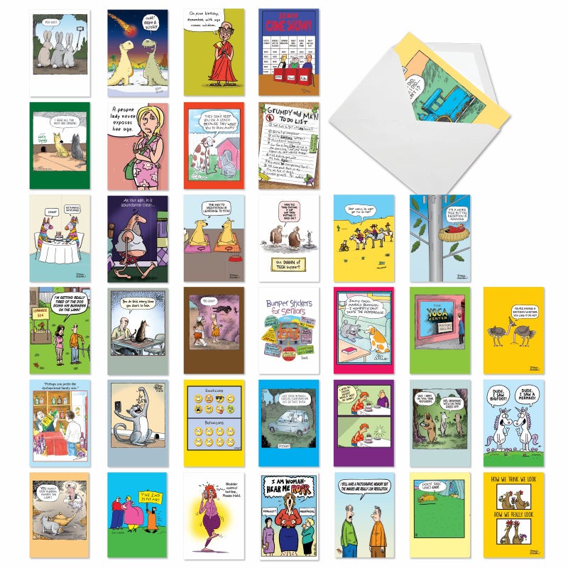 NobleWorks - 36 Assorted Funny Birthday Cards Bulk Box Set with Envelopes (36 Designs, 1 Each) Mixed Humor Greeting Card Variety Pack for Men and Women - Cartoon Party AC9374BDG-B1x36 - Image 1