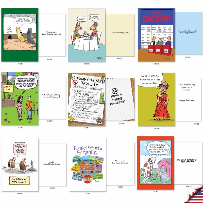 NobleWorks - 36 Assorted Funny Birthday Cards Bulk Box Set with Envelopes (36 Designs, 1 Each) Mixed Humor Greeting Card Variety Pack for Men and Women - Cartoon Party AC9374BDG-B1x36 - Image 3