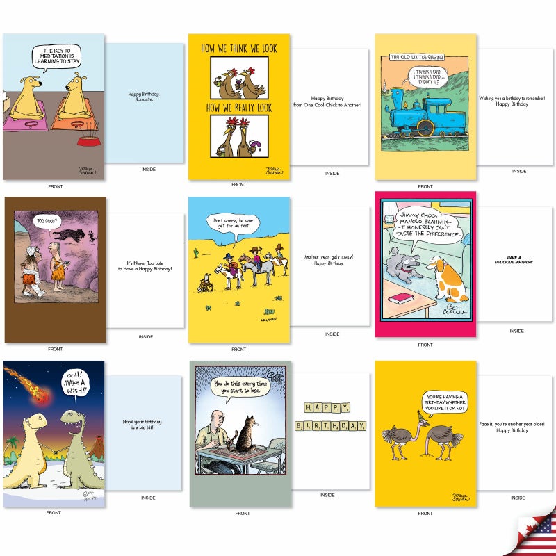 NobleWorks - 36 Assorted Funny Birthday Cards Bulk Box Set with Envelopes (36 Designs, 1 Each) Mixed Humor Greeting Card Variety Pack for Men and Women - Cartoon Party AC9374BDG-B1x36 - Image 4