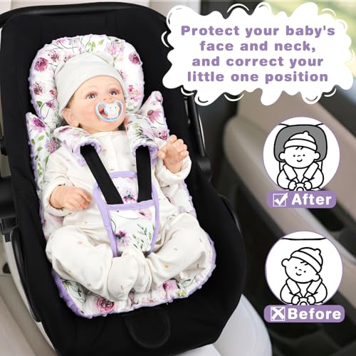 GFU 3-in-1 Infant Car Seat Insert, Soft Head and Body Support,Ultra & Strap Covers Set, Reversible Newborn Car Seat Cushion Pad for Baby Boy & Girl fits Stroller, Swing, Bouncer (Purple) - Image 5