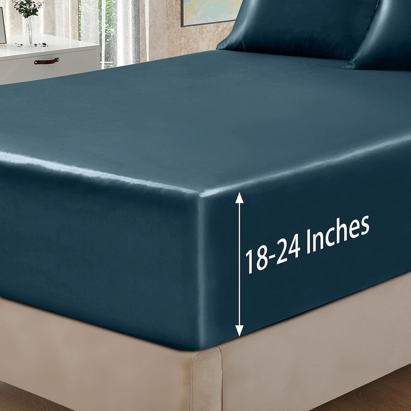 Homiest 4pcs Extra Deep Pocket Satin Sheets King Size Bed Set, 18-24 Inch Deep Pocket Bed Sheets Deep Sea Blue Satin Sheet Set, Silky Satin Bedding Set Soft Fitted Sheet Set Fits Ultra Deep Mattress - Image 4