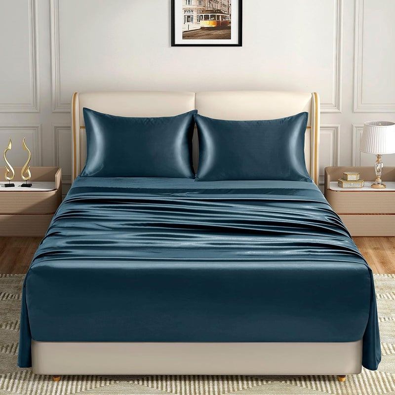 Homiest 4pcs Extra Deep Pocket Satin Sheets King Size Bed Set, 18-24 Inch Deep Pocket Bed Sheets Deep Sea Blue Satin Sheet Set, Silky Satin Bedding Set Soft Fitted Sheet Set Fits Ultra Deep Mattress - Image 2