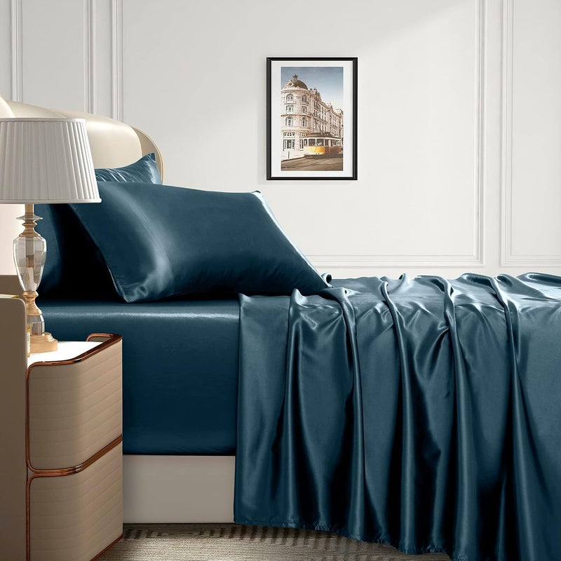 Homiest 4pcs Extra Deep Pocket Satin Sheets King Size Bed Set, 18-24 Inch Deep Pocket Bed Sheets Deep Sea Blue Satin Sheet Set, Silky Satin Bedding Set Soft Fitted Sheet Set Fits Ultra Deep Mattress - Image 3