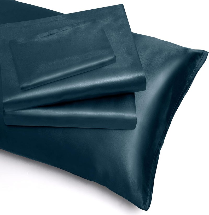 Homiest 4pcs Extra Deep Pocket Satin Sheets King Size Bed Set, 18-24 Inch Deep Pocket Bed Sheets Deep Sea Blue Satin Sheet Set, Silky Satin Bedding Set Soft Fitted Sheet Set Fits Ultra Deep Mattress - Image 5