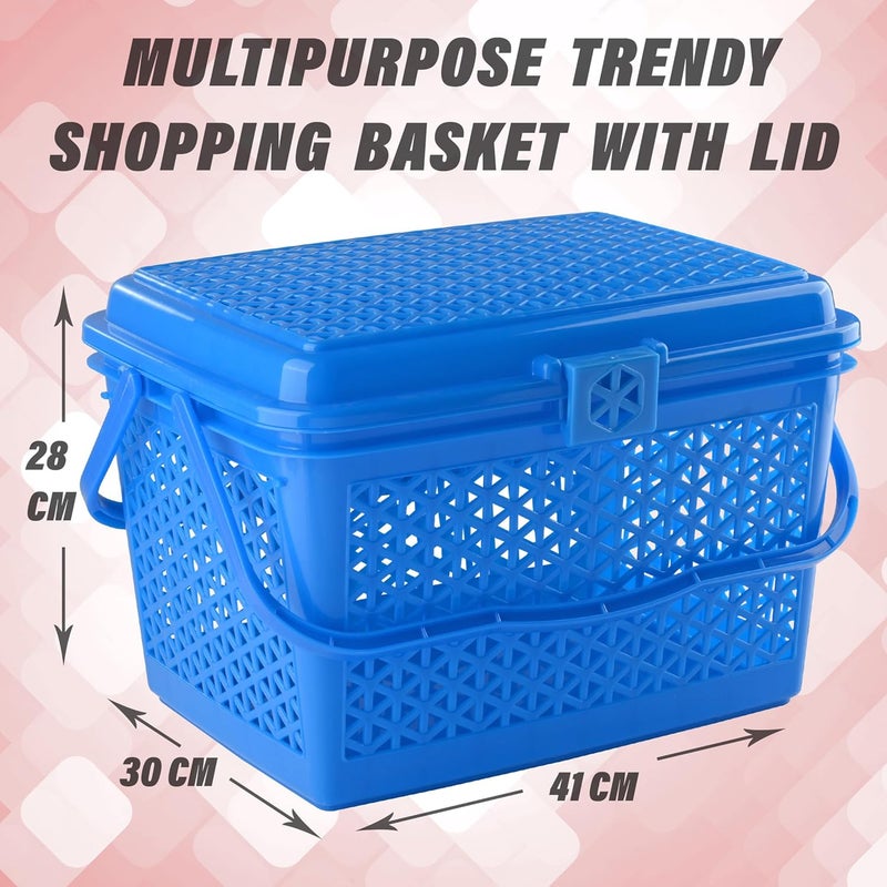 Kuber Industries Kuber Industries Plastic Multipurpose Trendy Shopping Big Basket with Lid (Blue)-Kubmart11097, Heart  - Image 3