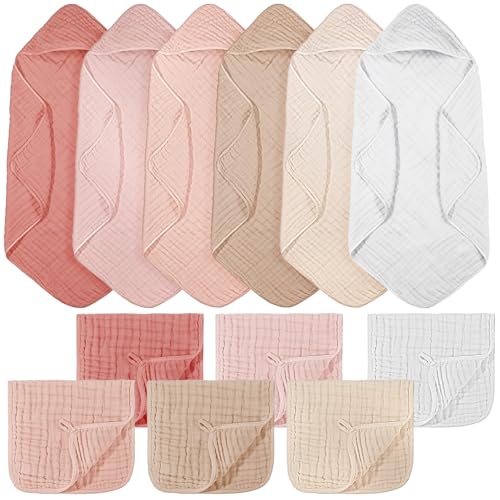 VitalCozy 12 Pcs Baby Muslin Hooded Bath Towels and Washcloths, Muslin Hooded Baby Towels Absorbent Blankets for Gift Newborn Infant Shower (Pink Beige Series)