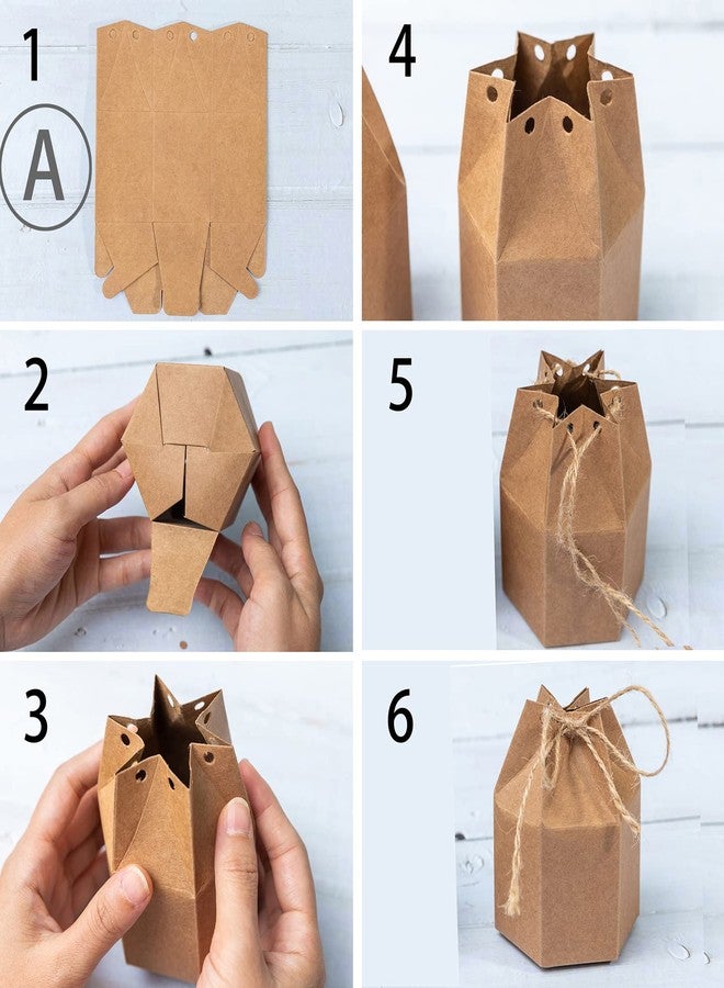 Lamantery 50Pack Mini Paper Gift Boxes Lantern Hexagon Kraft Paper Package Box with Twine Candy Chocolate Gift Packing Wrap for Wedding Party Christmas Brown - Image 3